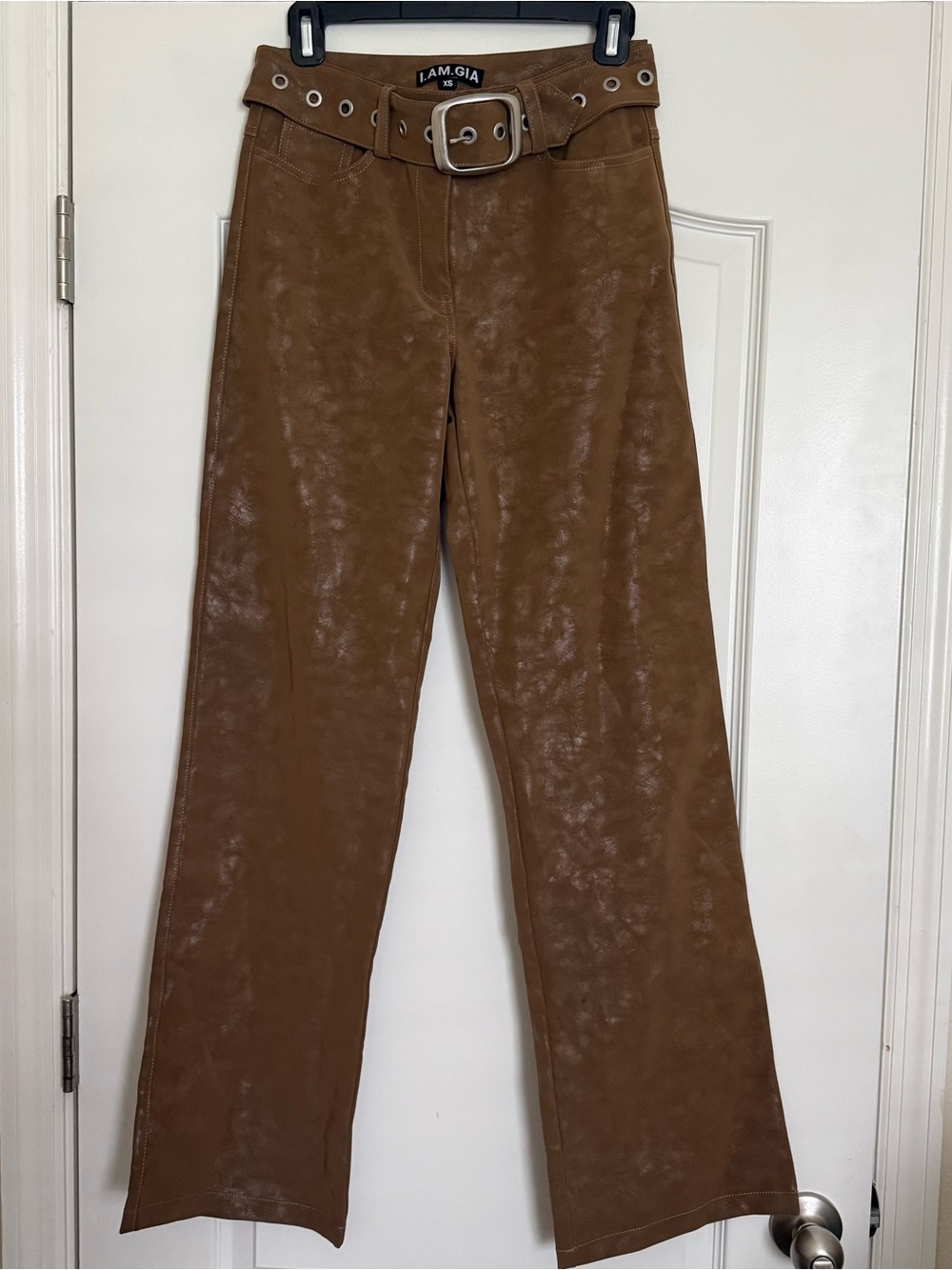 I.AM.GIA Chestnut Faux Leather Wide-Leg Pants with Grommet Belt